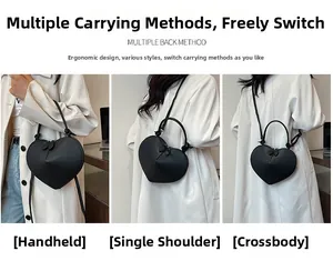Three ways to wear the black heart-shaped bag: handbag, shoulder and crossbody bag styles
