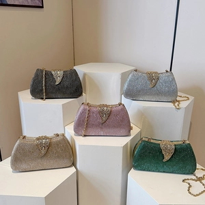 Sparkly glitter clutch evening bags with leaf clasp and chain straps in five colors