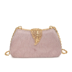 Elegant sparkling box clutch with golden leaf clasp and fine chain strap in pink purple