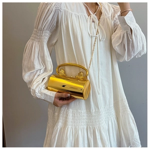 Close-up of golden cylindrical acrylic bag with lion head details and chain strap