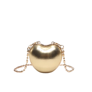 Modern gold heart-shaped hard shell crossbody bag with a metallic ball chain strap