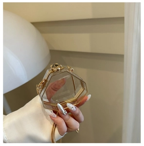 Detail of hexagonal transparent acrylic mini bag with golden bear clasp and chain strap