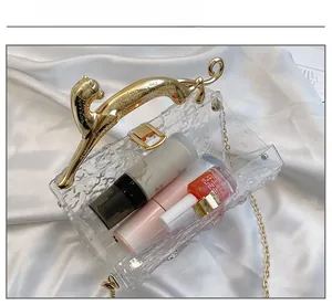 Detailed interior of clear acrylic evening bag with gold leopard handle and chain strap