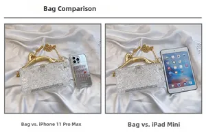 Size comparison of ice-textured acrylic clutch with iPad mini and iPhone 11 Pro Max