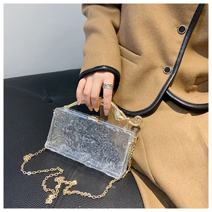 Close-up of clear acrylic clutch featuring an ice-crack texture and golden leopard handle