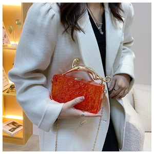 Close-up of orange acrylic evening bag with ice-crack texture and golden leopard handle