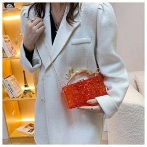 Detail of orange acrylic evening bag with ice crackle texture and gold leopard handle