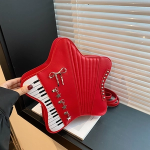 Star Shaped Crossbody Bag PU Leather Piano Key Accordion Pleated Bow Star Pendant Metal Rivet Music Theme