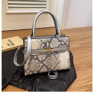 Detail of snake skin texture handbag with golden lock and silver cylindrical handle