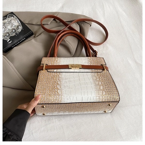 Detailed view of the gradient crocodile pattern and golden twist lock on the handbag