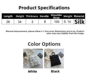 Detailed view of silk pleated bucket bag specifications with white and black color options