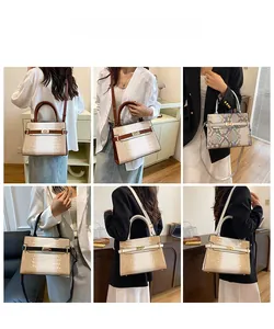 Detailed views of leather trapezoid handbag featuring stone texture and multiple carry ways