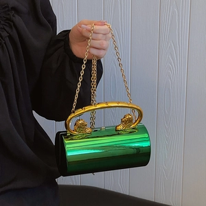 Green cylindrical acrylic bag with gold lion handle and chain strap handheld by model