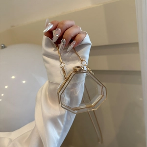 Transparent acrylic diamond clutch bag with gold metal frame and chain strap