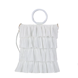 White multi-layer pleated ruffle handbag with a transparent round handle and gold hardware