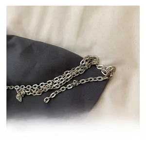 Close-up of sleek silver metal chain strap with high-gloss polished oval links