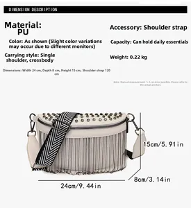 Detailed dimensions of a rivet crossbody bag with chain fringe and woven shoulder strap