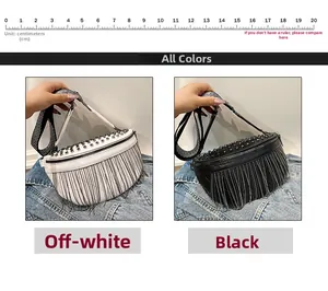 Detail of studded crossbody waist bag with metallic fringe and striped wide strap