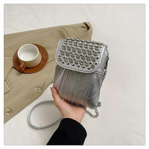 Close-up of silver crossbody bag with rhinestone lid and metallic chain fringe