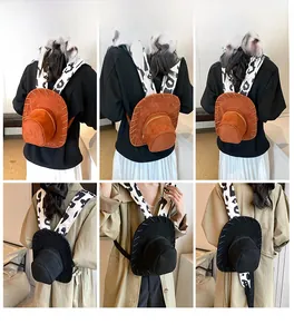Collage of model wearing cowboy hat shaped backpacks in black and tan with cow print straps