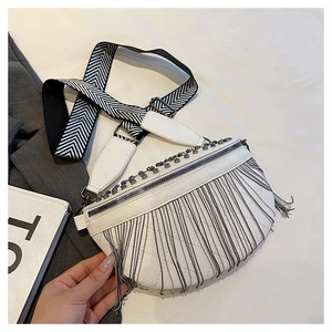 Detail view of white PU leather crossbody bag with silver fringe tassels and wide strap