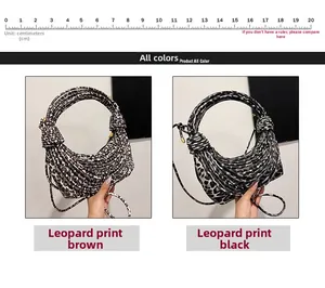 Detail of woven leopard print handbags in brown and black with unique knot accents