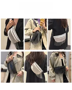 Collage of fashion crossbody fanny packs with rivets and tassels in black and white colors