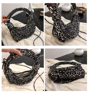 Detail views of leopard print woven handbag with rope texture and gold zipper hardware