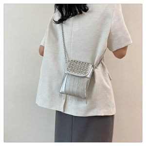 Detail of silver metallic crossbody bag with sparkling rhinestones and long fringe tassels