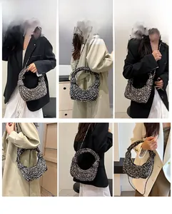 Detail shots showing versatile ways to wear the leopard print woven moon bag