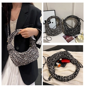 Detailed views of leopard print handbag with woven rope handles and interior capacity