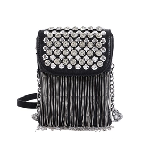 Chic black crossbody bag with sparkling rhinestones and silver chain tassels