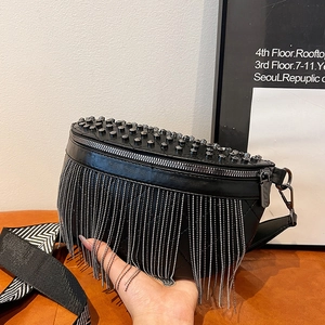 Punk Rivet Tassel Crossbody Chest Bag For Women PU Leather Quilted Waist Pack With Wide Adjustable Strap Fashionable