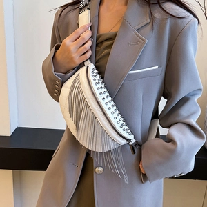 White fringe waist bag with silver rivets and striped wide strap for women