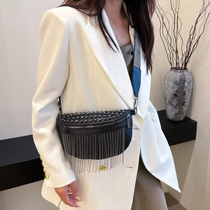 Fashionable black half-moon crossbody bag with silver studs and long fringe tassels