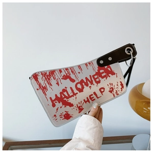 Close-up of Halloween meat cleaver handbag with silver PU leather and red blood splatter