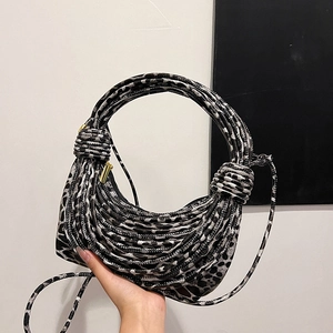 Leopard Print Shoulder Bag PU Leather Woven Rope Knot Handbag Women Fashion Trendy Crescent Hobo Crossbody Bag