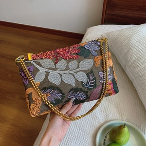 Floral Embroidery Sequin Crossbody Bag With Gold Chain Strap Retro Bohemian Envelope Shoulder Bag For Women