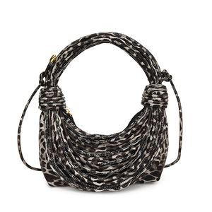 Women's leopard print braided rope handbag with gold zipper and shoulder strap