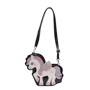 Borsa a tracolla unicorno per bambine in pelle PU nera con ali glitterate luccicanti