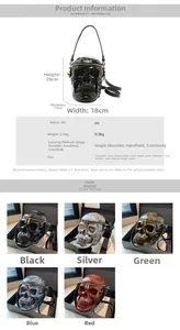 Detailed spec sheet and dimensions for the gothic skull-shaped PU leather crossbody bag