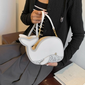 Cute white whale shaped leather handbag with silver glitter detail and golden chain