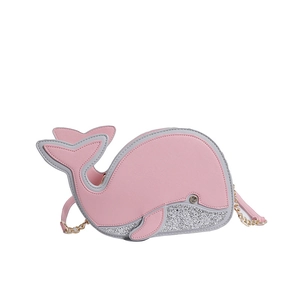 Pink dolphin-shaped crossbody bag with silver glitter sequins and golden chain strap