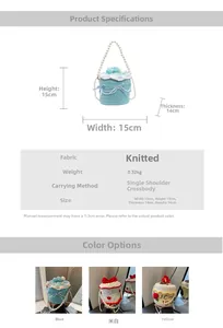 Détails des dimensions du sac tricoté en forme de gâteau avec anse perle et nœud