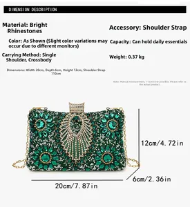Detail view of green rhinestone evening bag showing dimensions 20x6x12cm and gold chain