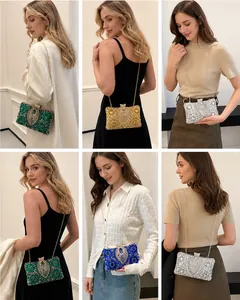 Multiple views of rhinestone evening clutch bags in green gold silver and blue colors