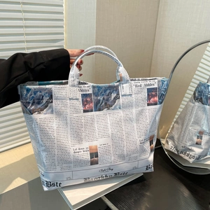 Newspaper Print Tote Bag Women PU Leather Large Capacity Fashion Street Style Handbag Shoulder Bag