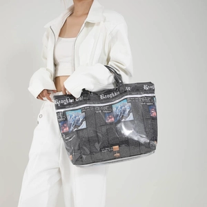 Fashionable newspaper print large capacity tote bag with transparent waterproof layer