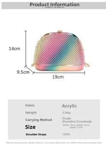 Detailed size chart of rainbow acrylic shell bag with golden metal chain dimensions
