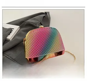 Detail of colorful gradient evening bag with grid texture and rose gold metal frame